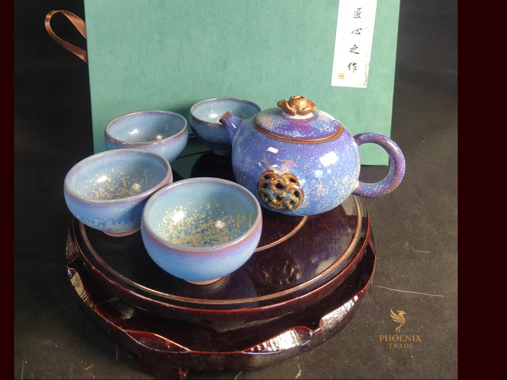 Celestial Gold-Dust Jun Porcelain Art Set | Handcrafted Chinese Kiln-Change Ceramics