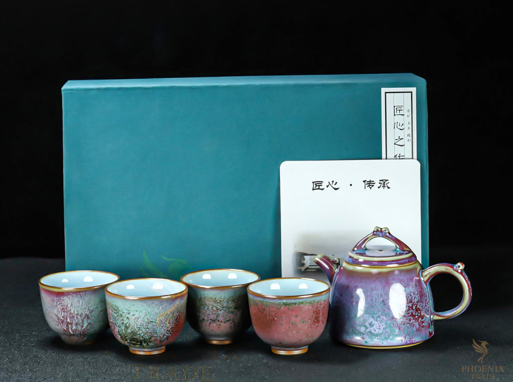 Sunset Nebula Jun Porcelain Tea Set – 5-Piece Handmade Art Set