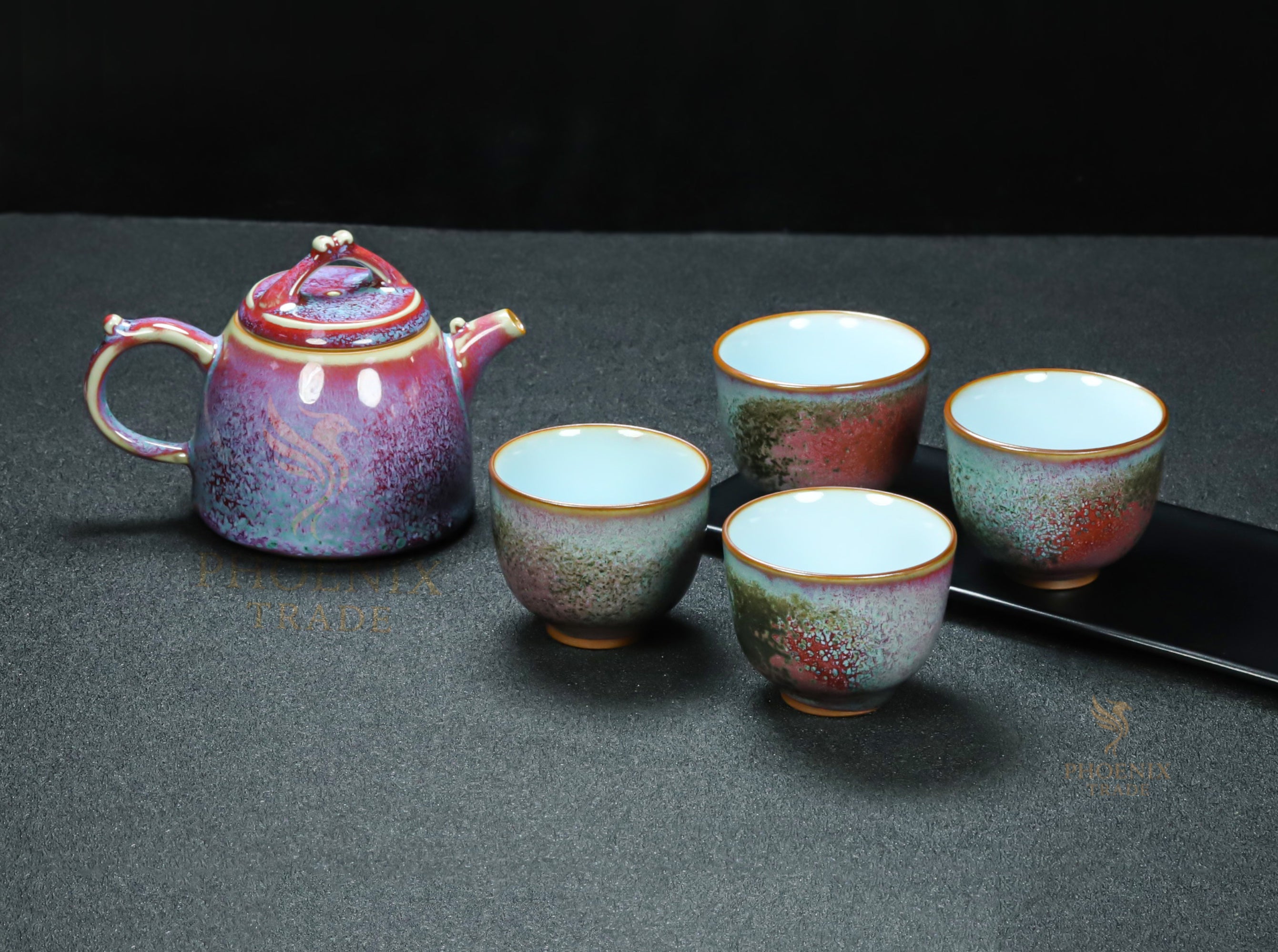 Sunset Nebula Jun Porcelain Tea Set – 5-Piece Handmade Art Set