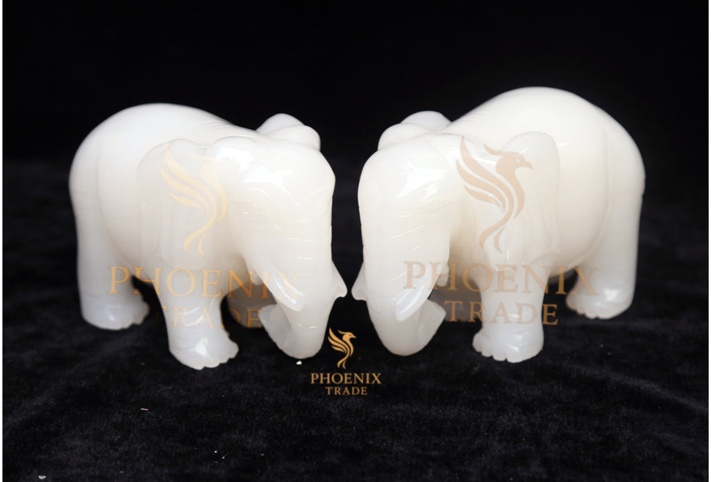White Marble-Like Elephant Figurine Set (Pair)