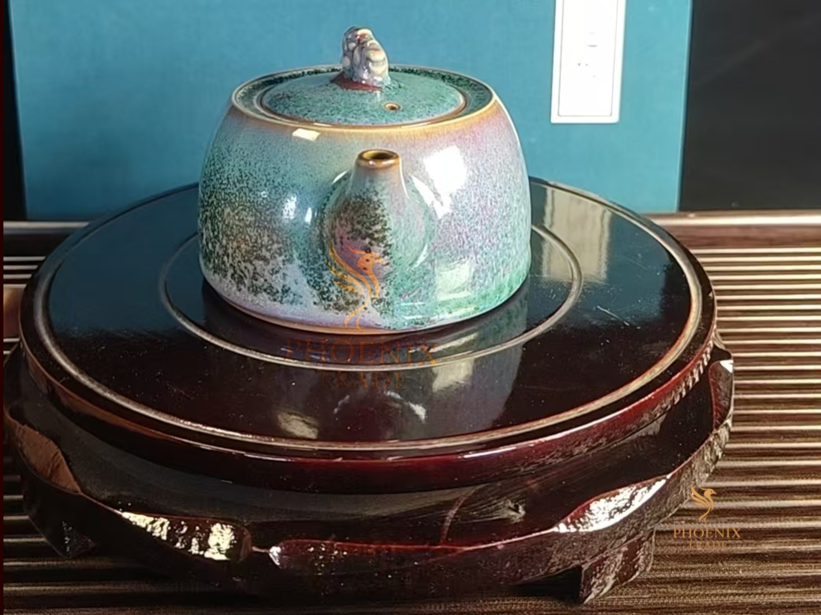 Aurora Guardian Teapot — Handcrafted Jun Porcelain (Ice Blue & Sunset Purple Glaze)