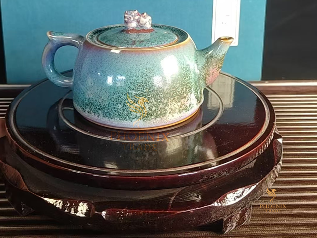 Aurora Guardian Teapot — Handcrafted Jun Porcelain (Ice Blue & Sunset Purple Glaze)