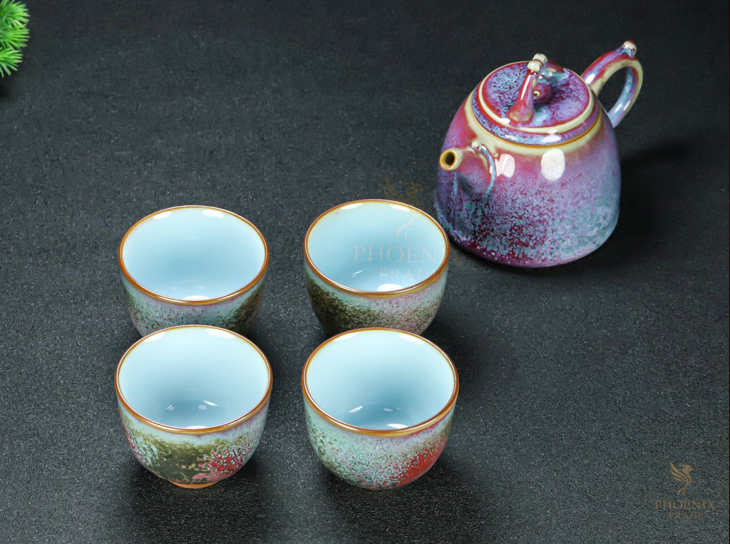 Sunset Nebula Jun Porcelain Tea Set – 5-Piece Handmade Art Set